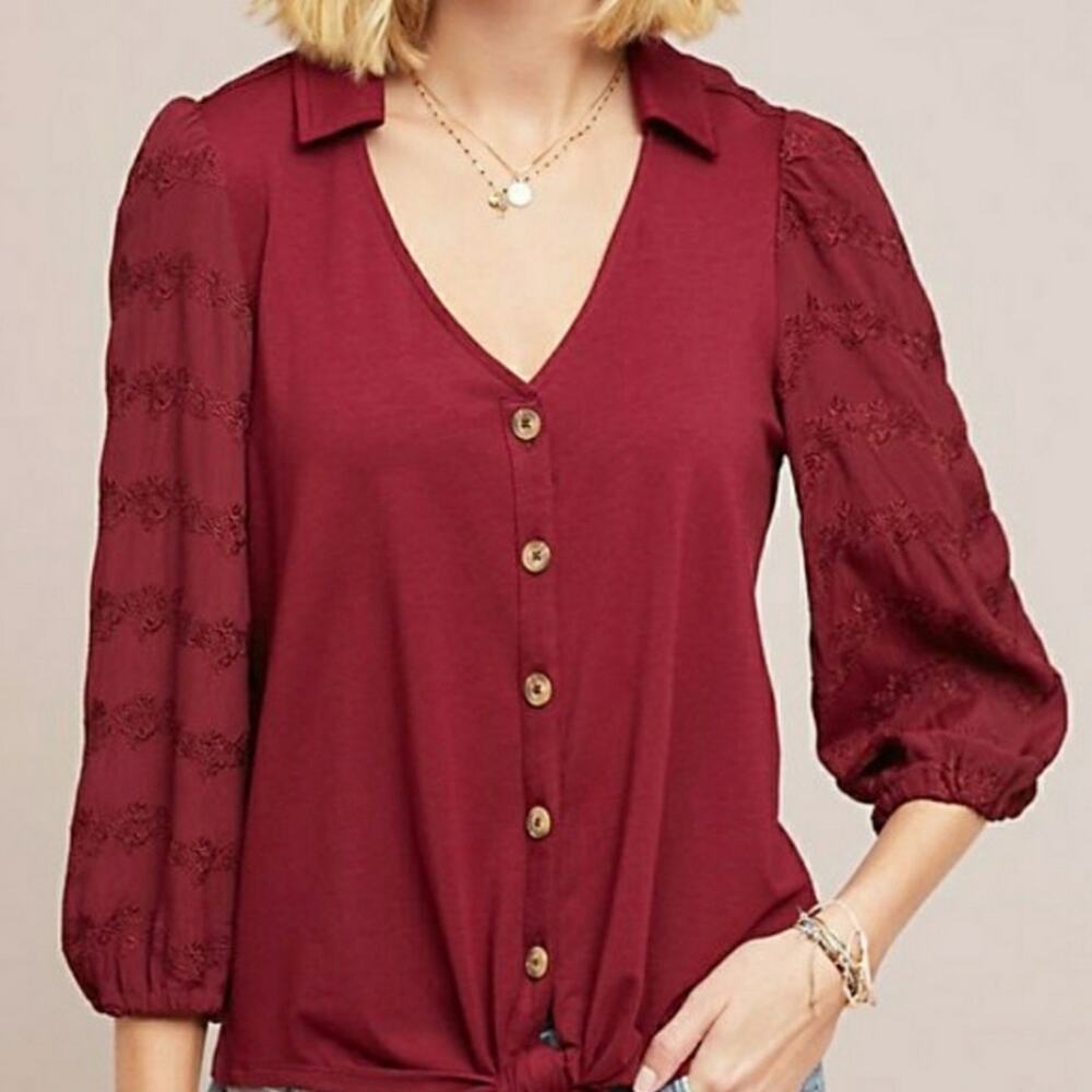 Venessa Virginia for Anthropologie Red Lenora Blouse V-neck Waist tie‎ Medium